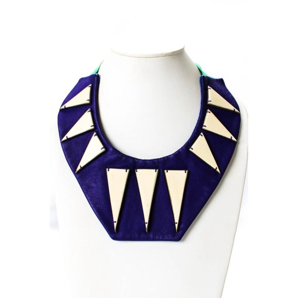Parme Marin Womens Purple Leather Bone Triangle Geometric Bib Necklace OS